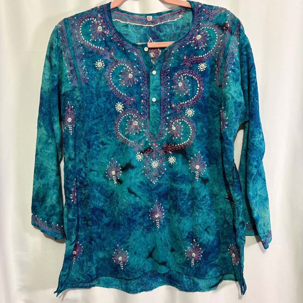 Vtg Boho Tie Dye Embroidered Sequin Tunic Top Teal Blue Pink Size 40 approx L/XL